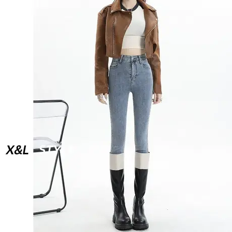 浅色高腰加绒牛仔女冬2023新款小个子九分显瘦裤子紧身弹力铅笔裤图片