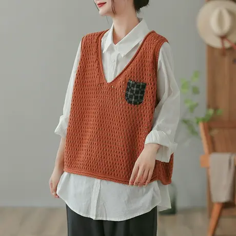 dza 复古镂空针织马甲女士春秋内搭毛衣背心休闲宽松V领马夹上衣图片