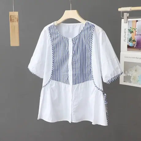 2024夏季新款条纹拼接白色衬衫女短袖纯棉小个子上衣设计感衬衣女商品大图