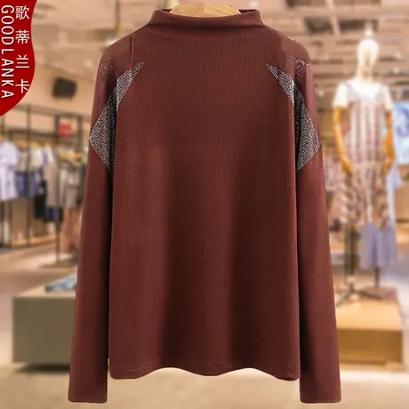 中年胖妈妈秋装长袖T恤女大码宽松时尚蕾丝镶钻半高领打底衫上衣商品大图