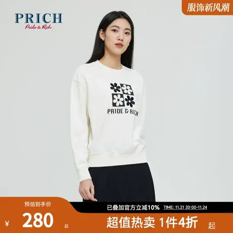 【商场同款】PRICH春秋新款复古放款印花绣花圆领卫衣体恤衫女图片