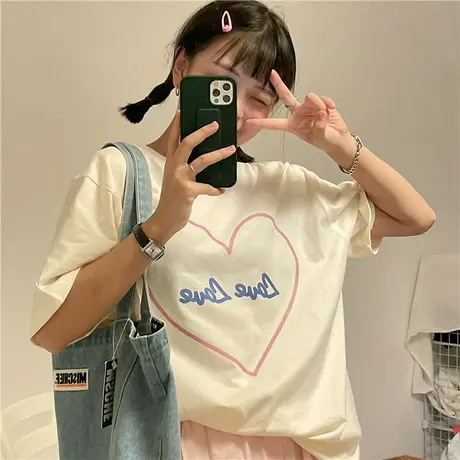 红续2023新款韩版爱心宽松百搭圆领短袖纯棉T恤上衣ins潮盐系少女图片