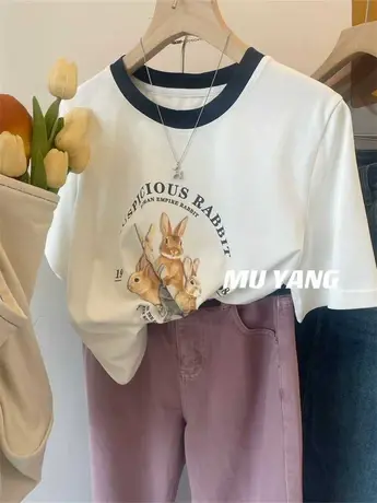 韩系春夏甜妹girl ~美式拼色领兔子短袖T恤女百搭宽松半袖上衣服商品大图