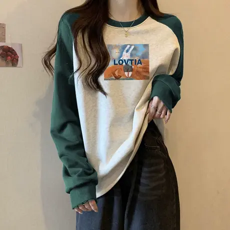 cec超火插肩长袖T恤女秋冬季宽松休闲百搭加厚加绒vintage上衣服图片