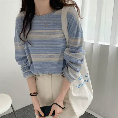 圆领横条纹t恤女薄款宽松百搭早春秋针织长袖打底衫内搭上衣ins潮图片