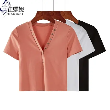 夏季新款韩版V领修身纯棉纯色短款纯欲短袖体恤上衣内搭女打底衫商品大图
