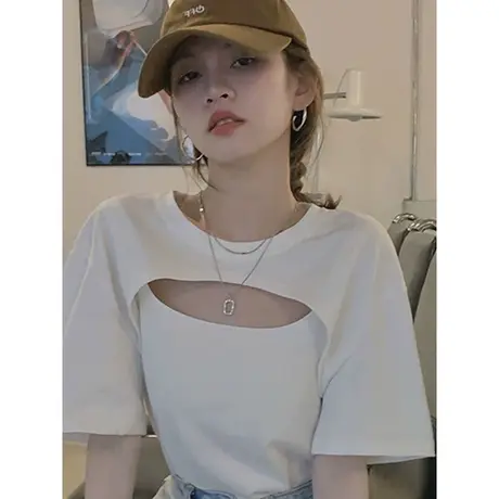 夏季新款假两件辣妹上衣ins镂空大码oversize显瘦t恤女潮小众短袖图片
