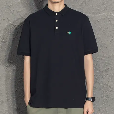 夏季新款爱心刺绣基础短袖polo衫男潮牌纯色百搭翻领韩版有领t恤图片