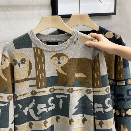 厚款毛衣男趣味卡通提花宽松圆领套头男生2023冬季新款针织毛衫潮商品大图