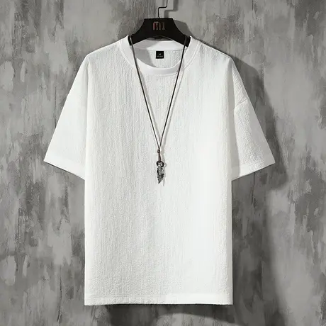 夏季纯色宽松半袖冰丝休闲百搭款男T恤基础款轻薄透气白色打底衫商品大图