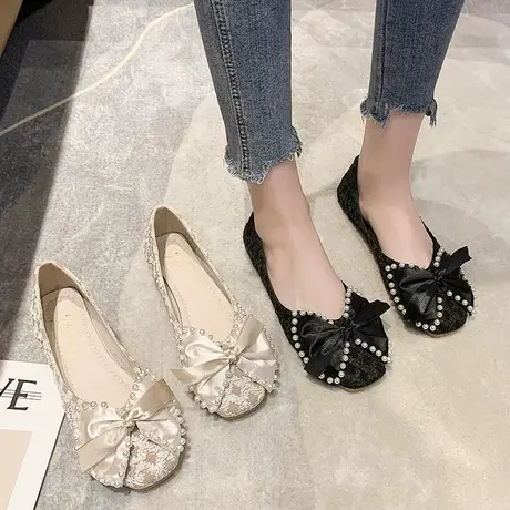 淑女鞋配裙子的鞋子平底春秋蝴蝶结瓢鞋方头单鞋软底晚晚风温柔鞋商品大图