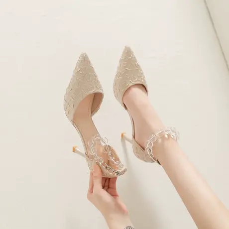 法式少女单鞋女春2024年新款气质百搭一字带尖头配礼服细跟高跟鞋图片