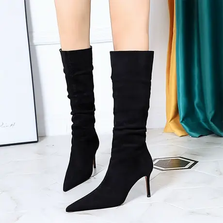 黑色短靴女2024新款弹力中筒靴尖头网红瘦瘦靴百搭细跟袜靴配裙子商品大图