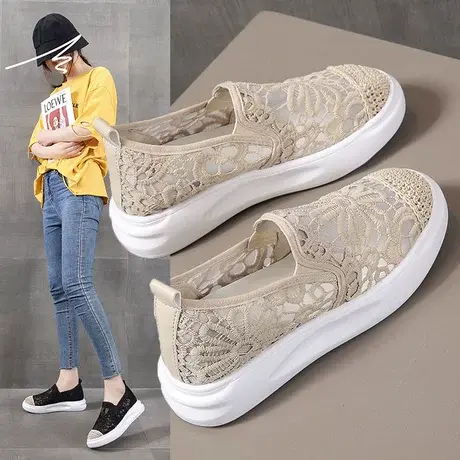 小香风渔夫鞋女2023夏季薄款透气厚底网鞋子一脚蹬老北京布鞋网面商品大图