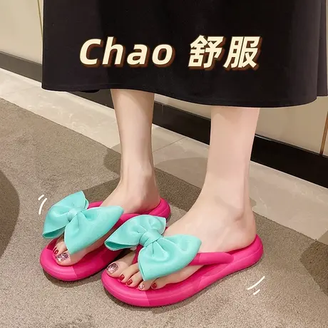 糖果色人字拖女夏季百搭外穿蝴蝶结踩屎感夹趾凉拖浴室法式拖鞋潮商品大图