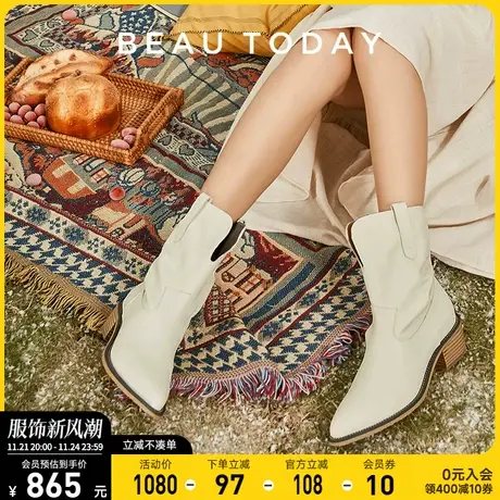 BeauToday牛仔靴女秋季新款中筒靴BT英伦风真皮复古小众厚底单靴图片