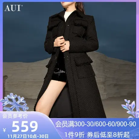 AUI黑色赫本风过膝中长款毛呢外套女2023冬新款高端修身呢子大衣商品大图