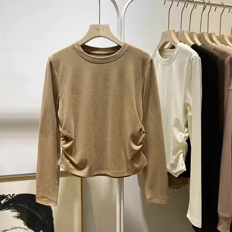 小个子短款褶皱长袖T恤女德绒内搭打底衫秋冬修身显瘦上衣潮ins图片