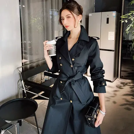 粉红大布娃娃中长款翻领系带收腰风衣女高级感垂感外套2022新款商品大图