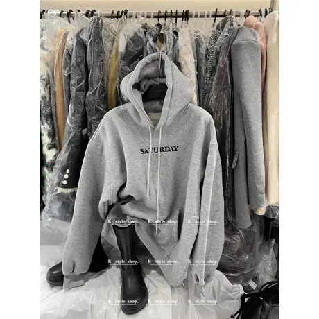 韩国东大门2023冬季新款洋气字母刺绣宽松百搭时髦加绒连帽卫衣女商品大图