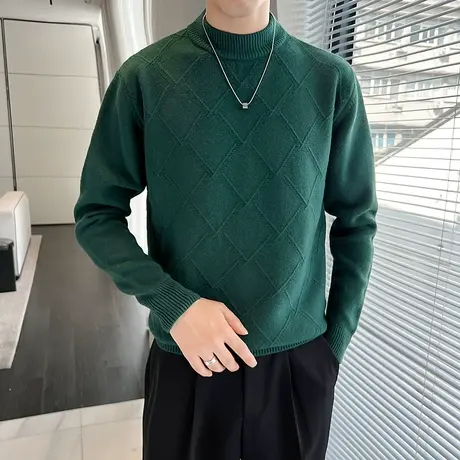 小众潮流设计感宽松半高领毛衣男秋冬季新款重磅菱形格针织打底衫商品大图