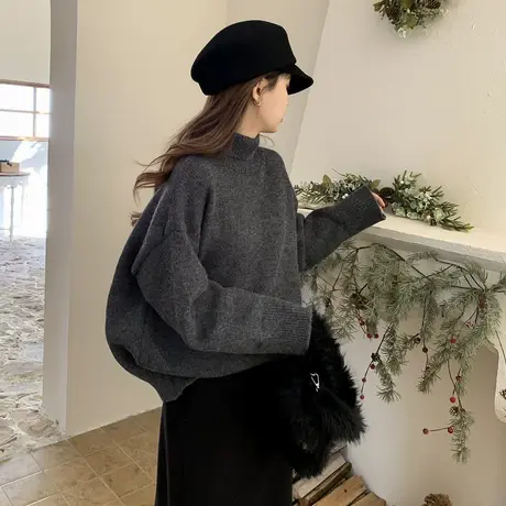 othermix纯色百搭高领毛衣女2023秋冬新款宽松休闲针织套头短上衣商品大图