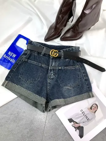 美式复古磨白卷边牛仔短裤2024春季新款显瘦高腰阔腿裤百搭a字裤图片