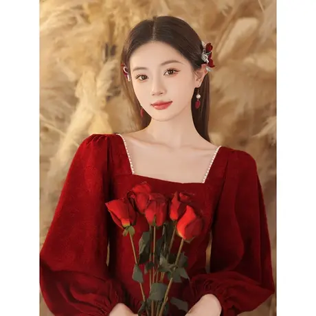 订婚礼服秋冬季长袖酒红色法式连衣裙女结婚敬酒服新娘小个子钉珠商品大图