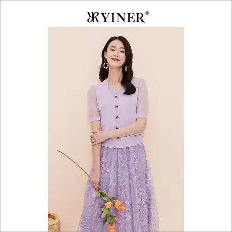 YINER音儿线上专选女装2023夏季蝴蝶饰扣针织衫质感蕾丝上衣商品大图