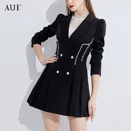 AUI黑色气质泡泡袖西装外套2023女春季新款小个子修身西服百褶裙图片