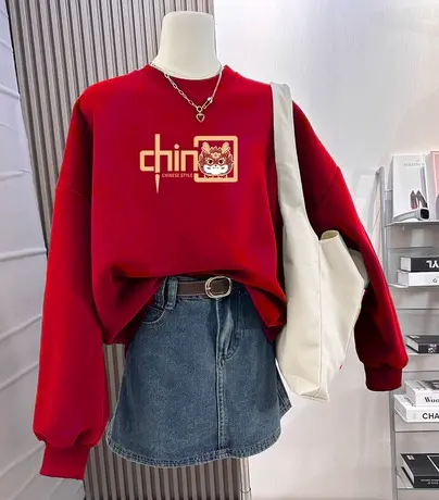 韩版bf慵懒风圆领卫衣女大码ins潮冬季加厚上衣加绒龙年情侣外套商品大图