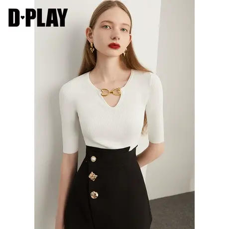 DPLAY秋装季新款简约ins风时尚白色圆领修身针织衫上衣商品大图