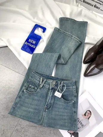 东大门两粒扣水洗牛仔喇叭裤女2024春新款显瘦百搭高腰弹力包臀裤图片