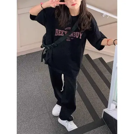美式纯棉正肩短袖t恤女夏大码宽松韩版设计感小众chic港味上衣服商品大图