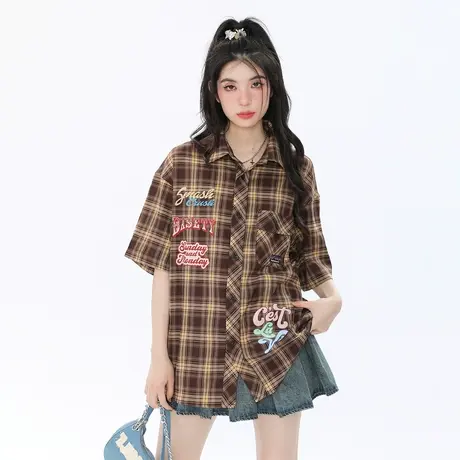 街头复古格子衬衫女春夏2024新款学院风短袖衬衣ins潮牌宽松上衣图片