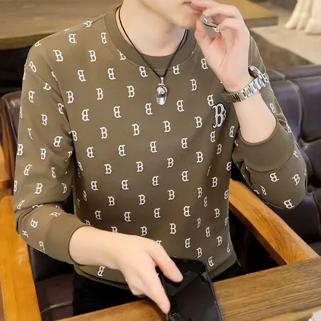 2023秋冬新款男士长袖T恤潮流提花卫衣打底衫加肥加大码秋衣小衫商品大图