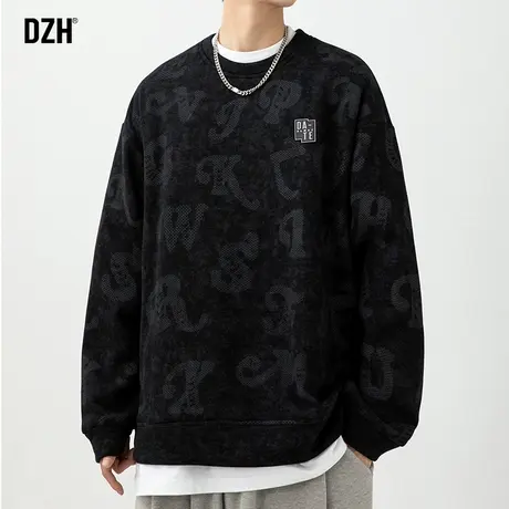 男士黑色满印卫衣男春秋潮牌圆领上衣百搭2024新款长袖体恤衫宽松商品大图