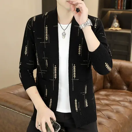 2023新款针织外套男士高级感提花毛衣春秋季潮牌休闲外搭麦穗开衫商品大图