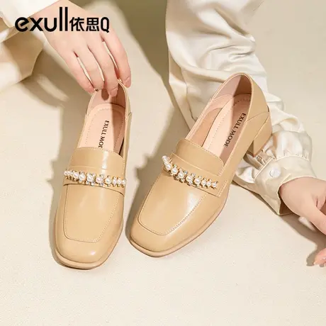 依思q粗跟单鞋女2024春季新款一脚蹬方头女鞋豆豆鞋小皮鞋工作鞋商品大图