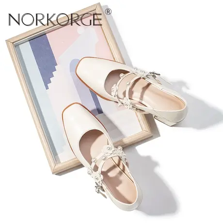 2023新款春秋复古温柔米白色玛丽珍单鞋女鞋仙女风方头高跟鞋皮鞋图片