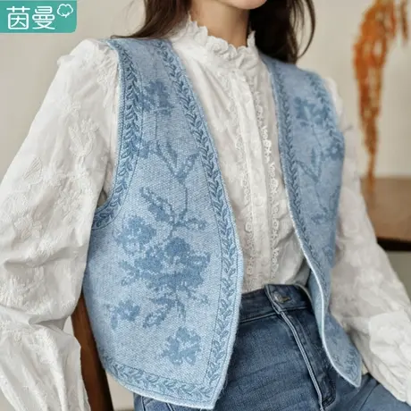 茵曼法式复古刺绣针织马甲女2024年秋季新款设计感毛衣开衫上衣商品大图