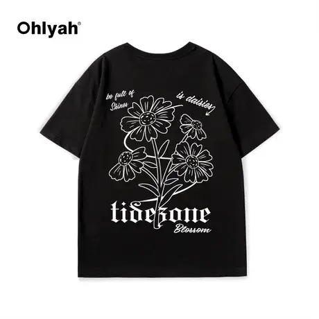 Ohlyah潮牌植物花卉原创小雏菊印花短袖男女同款夏大码五分袖T恤商品大图