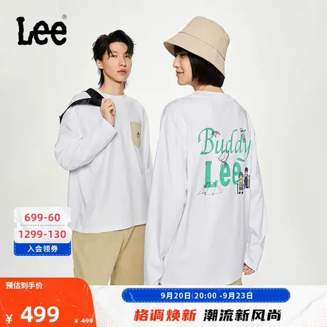Lee商场同款buddy lee23秋冬新品舒适版印花白色男女同款长袖T恤商品大图