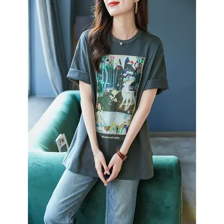 宝诗黎圆领印花棉质短袖T恤2023年夏季新款时尚落肩上衣洋气女装商品大图