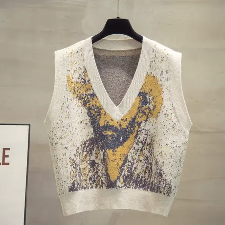 v领涂鸦毛衣坎肩2023秋装新款宽松上衣外穿马夹外搭针织马甲背心图片