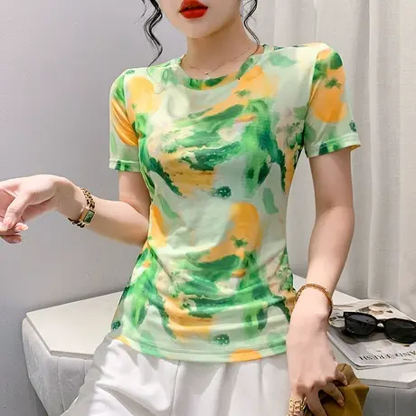 气质网纱印花T恤女短袖2023夏新款漂亮年轻减龄上衣显瘦圆领小衫商品大图