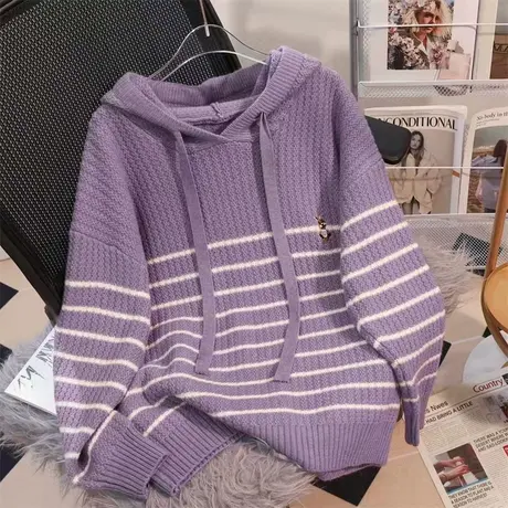 秋装2023年新款连帽条纹针织衫宽松毛衣软糯卫衣学院风春秋上衣女图片