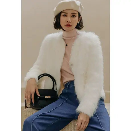 弥古白色水貂绒毛衣外套女短款高级感名媛风小香风皮草大衣2023秋图片