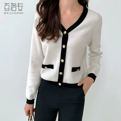 百洛安小香风撞色V领羊毛衫毛衣外套女秋新宽松百搭长袖针织开衫图片