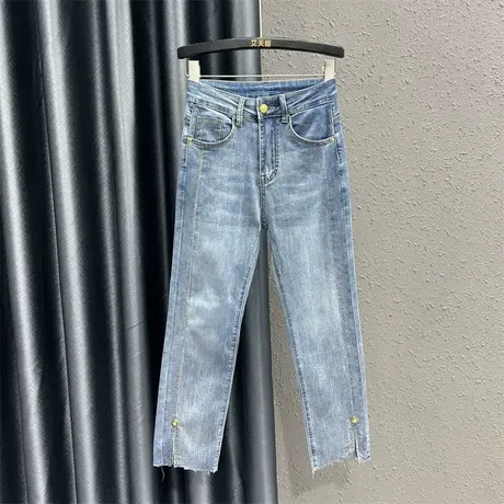 春夏新款九分小开叉牛仔裤女时尚金属扣设计显瘦高腰烟管直筒裤潮商品大图